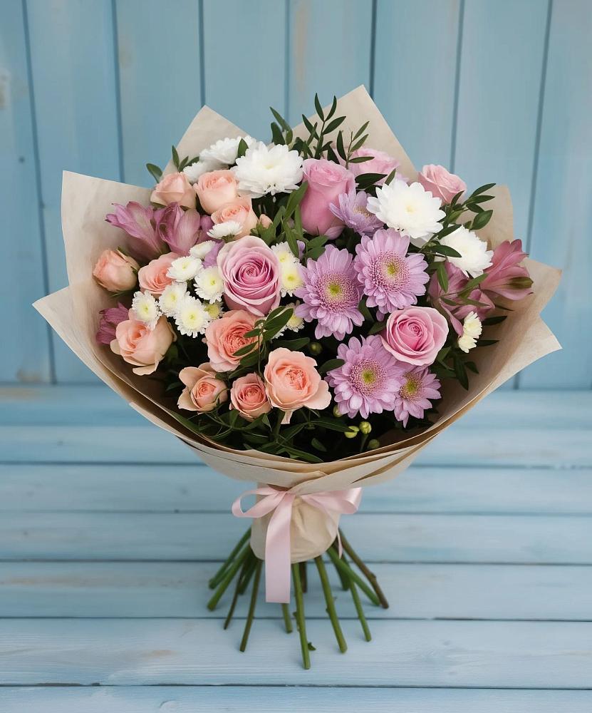 Букет цветов из: Хризантемы, Розы и Альстромерии в Суксун