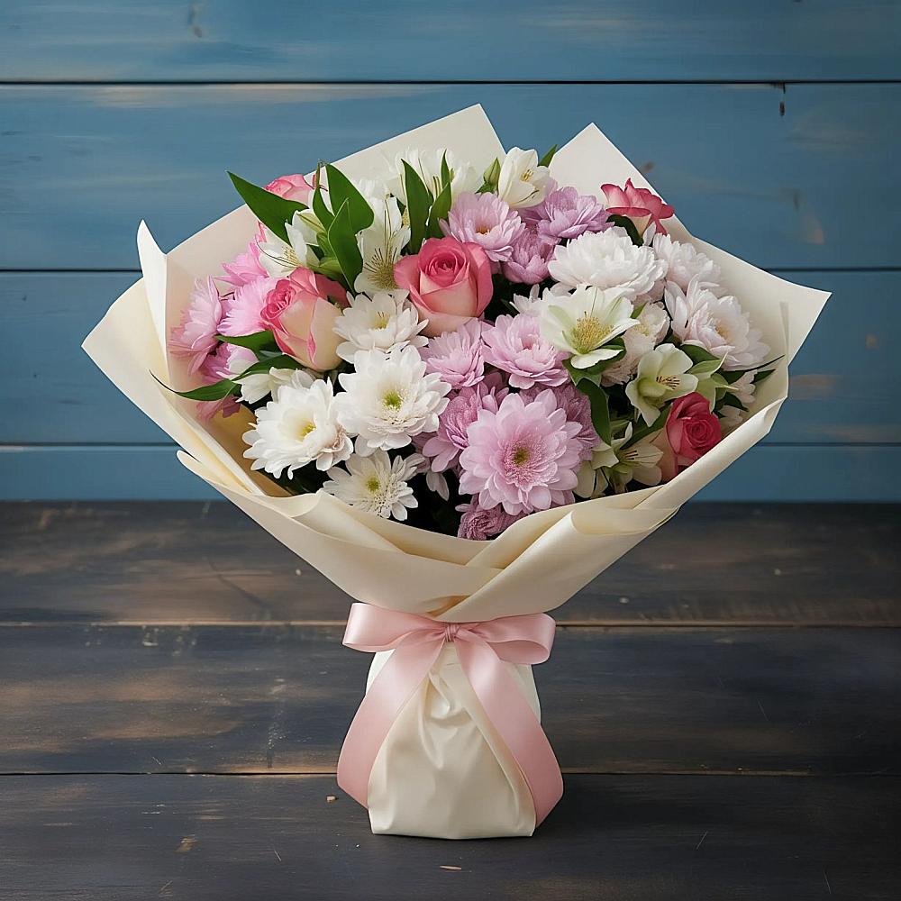 Букет цветов из: Хризантемы, Альстромерии и Розы в Суксун